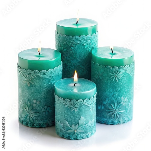 Three Turquoise Decorative Candles on White Surface. Generative AI