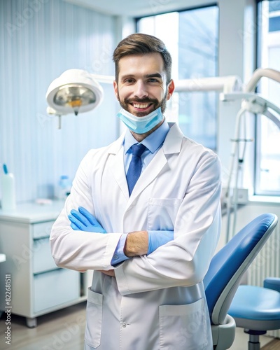 Man in White Lab Coat and Blue Gloves at Dental Clinic. Generative AI