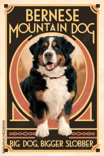 A Bernese Mountain Dog with a warm, art-deco styled background. Text "Bernese Mountain Dog" and "Big Dog, Bigger Slobber," emphasizing the breed's large size and lovable, drooling nature.