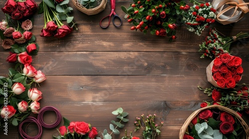 Florist's table, top view. Wooden background, red roses around, scissors, flower ribbon