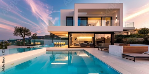  Exterior of modern minimalist cubic villa with swimming pool at sunset