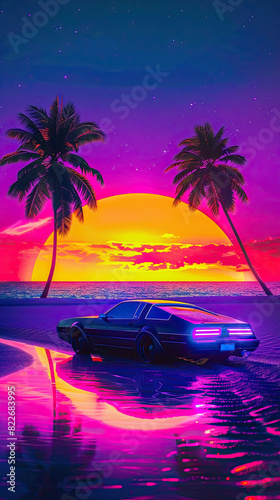 Retro car parked by tropical beach with palm trees and colorful sky during sunset. Neon colors reflections on the water. Retro-futuristic, vaporwave, synthwave. Travel concept
