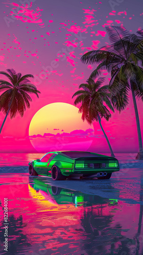 Neon colored retro car by tropical beach with palm trees and vivid purple sunset sky. Retro-futuristic, vaporwave, synthwave. Travel concept. Electronic retro music cover