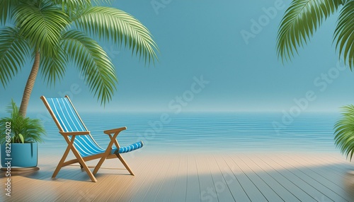 Beach scene with a blue ocean, coconut trees, and empty beach chair. 3D render 