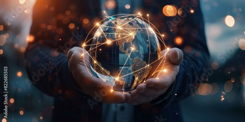  Businessman hold global business globe with network connected to digital marketing strategy and creative solution. Business development technology to support creativity idea 