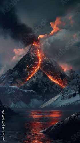 Mountains with lava and lava rising from the top of them