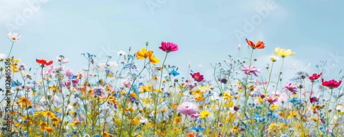 A field of flowers with a blue sky in the background. The flowers are of various colors and sizes, and they are scattered throughout the field. Concept of peace and tranquility, as the flowers