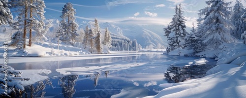 A snowy landscape with a frozen lake and trees. The sky is cloudy and the sun is shining through the clouds