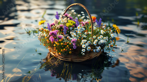 Floating Baskets of Colorful Flowers and Fruits on Serene Water