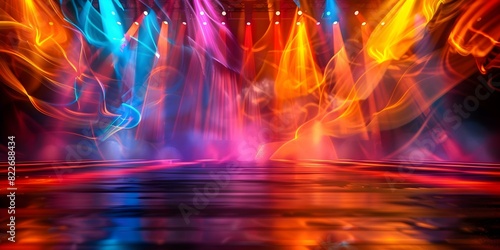 Vibrant Stage with Colorful Backdrop Lighting and Open Space for Entertainment. Concept Event Lighting, Stage Design, Entertainment Space, Vibrant Backdrops, Colorful Setups
