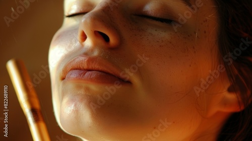 A closeup of a persons face eyes closed in deep relaxation as they listen to the soothing sounds of a rainstick being played.