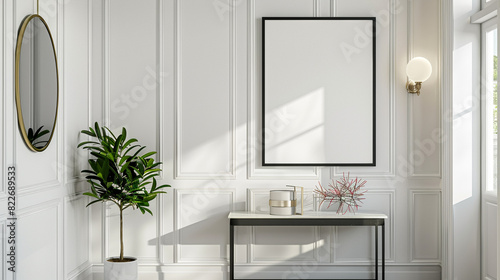 Black poster frame on a white paneled wall in a hallway, accented with a slim console table and decorative mirror.