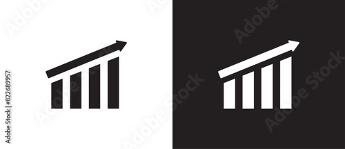 Flat icon of Graphic economy and business. Growth icons, increase and decrease bar charts, Growing bars graphic icon with rising arrow chart in black and white background, Eps10