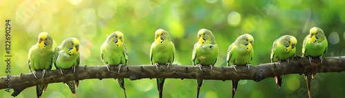 Six parakeets sitting on tree branch, beautiful green background, soft light, natural look, hyper realistic photography