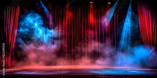Theatrical Setting for Opera Performance: Empty Stage with Red Curtains, Spotlight, and Fog. Concept Opera Stage Design, Red Curtain Theatrics, Spotlight Drama, Foggy Ambiance
