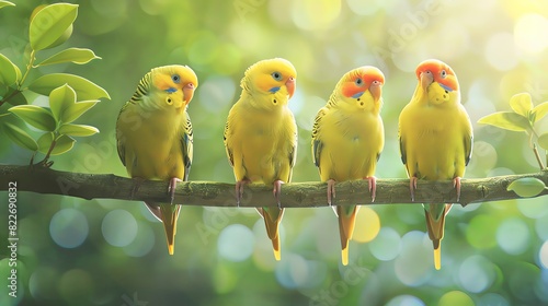 Three parakeets sitting on tree branch, green background, photo realistic, high resolution, high detail, colorful, soft light, beautiful, bright,