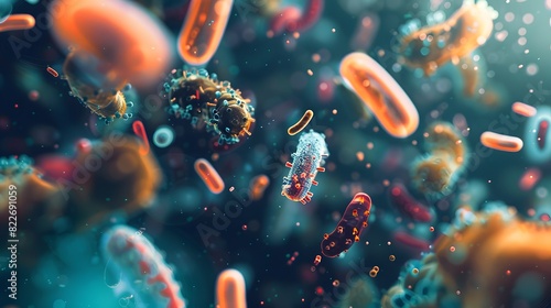 Bacteria diversity under microscopic magnification background, dangerous microorganism strain for medical health, prokaryotic cells.