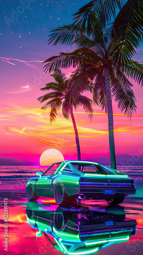 Retro car by tropical beach with palm trees and colorful sunset sky. Retro-futuristic, vaporwave, synthwave. Travel poster music cover