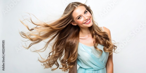 Portrait of a lovely young woman with long flowing hair and a warm smile, wearing a light blue dress, isolated on a white background,