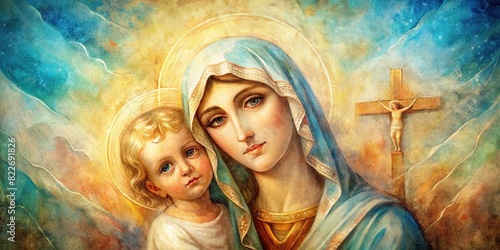 Intricate watercolor cross fading into the background behind Mother Mary and Christ ,