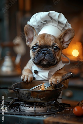A cute french bulldog puppy wearing a chef's hat and apron, stirring a pot on a stove.