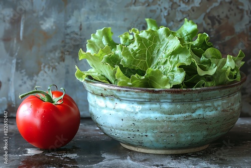 A red tomato and a bowl of fresh green lettuce on a rustic background.