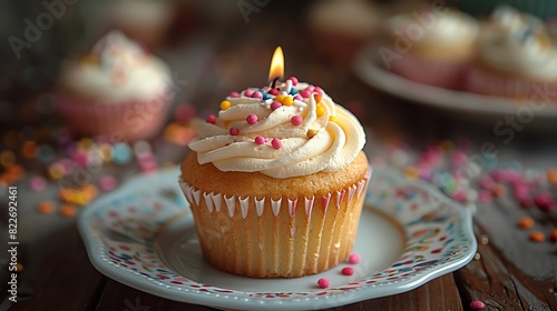 A single cupcake with a lit candle, surrounded by sprinkles and other cupcakes, on a rustic wooden table.