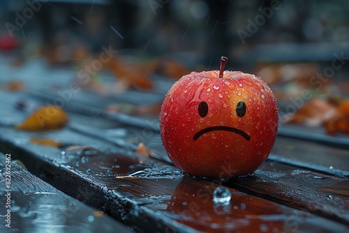 A single red apple with a sad face sits on a wet wooden bench, surrounded by fallen leaves in the rain.