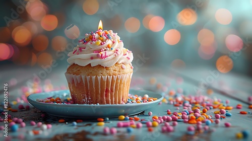 A single cupcake with a lit candle on a blue plate surrounded by colorful sprinkles. Bokeh lights in background.