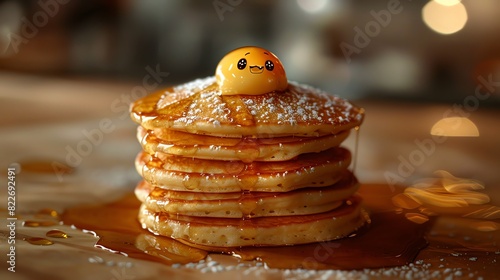 A stack of fluffy pancakes drizzled with syrup and powdered sugar, topped with a cute cartoon butter pat.