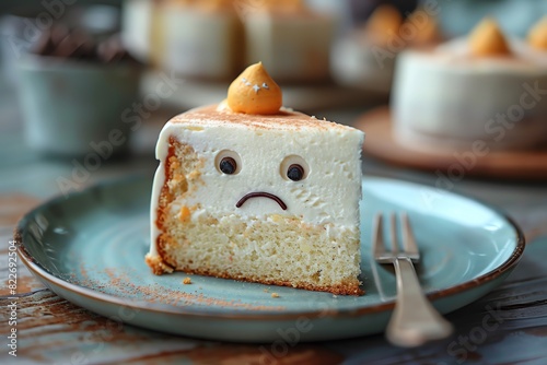 A slice of cake with a sad face frosting on a blue plate.