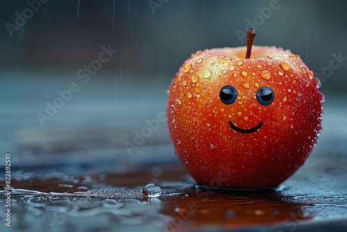 A smiling red apple sits on a wooden surface, covered in raindrops. The apple is a symbol of happiness and optimism, even in the rain.
