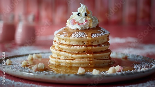 A stack of fluffy pancakes topped with whipped cream and a spooky ghost face. Drizzled with syrup and powdered sugar.