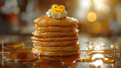 A tall stack of golden pancakes drizzled with honey and topped with whipped cream and a smiley face.