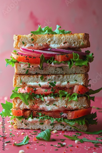 A stack of four sandwiches with tomato, onion, lettuce, and cheese on pink background.
