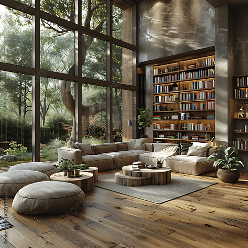 Sunlit Open-Concept Living Room: Contemporary Library Haven
