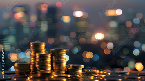 The foreground prominently showcases several stacks of coins. These coins appear to be of different sizes, suggesting various denominations or currencies