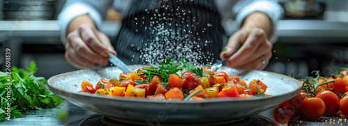 A chef sprinkles salt on a fresh tomato salad. Generated by AI