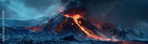 Volcano with lava and lava flowing down it's side