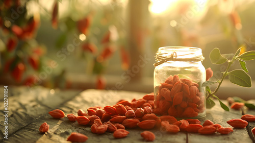 Dried goji berries in a glass jar on a table. Healthy superfood.