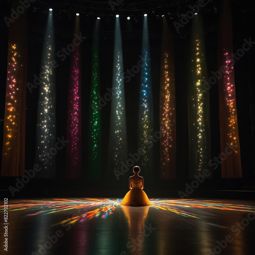 palco vuoto con fasci di luce colorati e bambina danzatrice in attesa di cominciare una performance