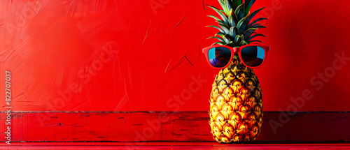 Fresh Pineapple with Sunglasses on a Wooden Table, Fun and Bright Summer Vacation Concept