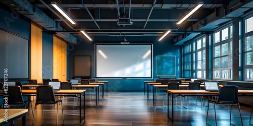 A modern, well-lit classroom or lecture hall with a projector screen and blackboard.