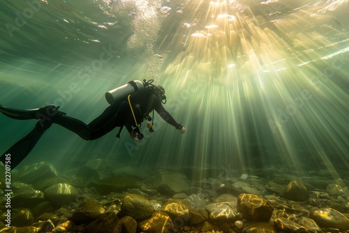 Sunlit waters and a bed of river rocks provide a stunning backdrop for a scuba diver