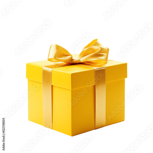 Yellow gift box with ribbon. Transparent PNG background. Birthday present mockup. Closed square surprise box. Ideal for promotional campaigns, black Friday, valentines, Christmas, mother's day.