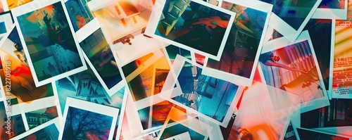 Polaroid photos scattered with colorful abstract overlays, creating a vibrant and dynamic collage that blends nostalgia with modern artistic expression.