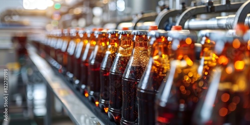 Line of bottling of cola soda bottles on clean light factory with closeup view on the sugary drink bottle 