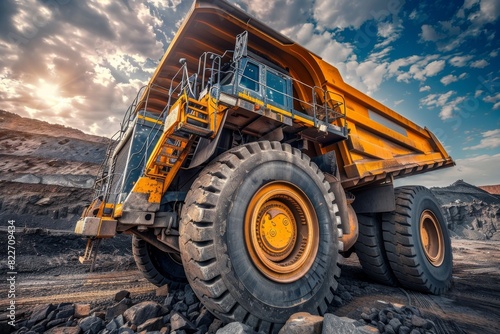 A gigantic mining haul truck is showcased under a dramatic sky, highlighting industrial might