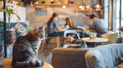 Furry family members allowed in cafe. Pet-friendly place for cat lovers. Group of cats socialising