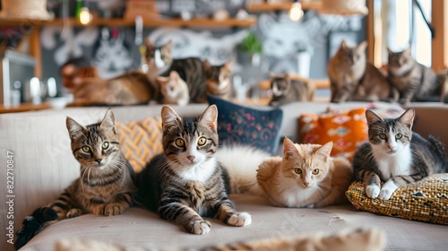 Furry family members allowed in cafe. Pet-friendly place for cat lovers. Group of cats socialising